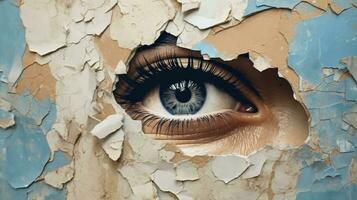 Generative AI, Woman eye looking through a torn hole in vintage paper, blue and beige colors mural. Painted hyperrealistic female art. photo