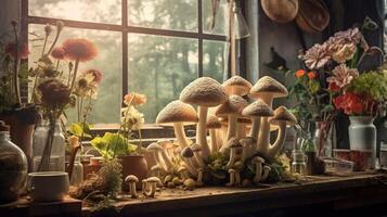 , room full of many different mushrooms with window photo