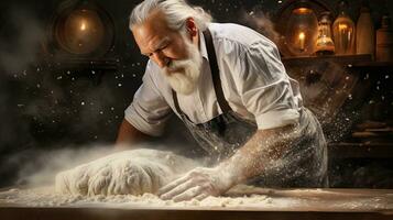 Generative AI, Old man hands of baker in restaurant or home kitchen, prepares ecologically natural pastries. photo