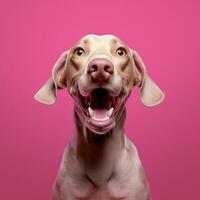 Generative AI, Portrait of a happy dog looking at the camera with mouth open on pink background photo