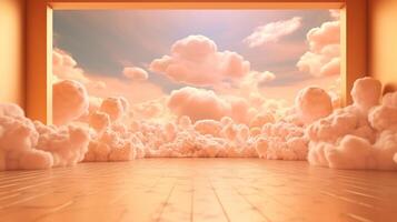 Generative AI, Light orange, apricot color fantastic 3d clouds on the floor, sky and landscape. Gentle colors and with bright lights. photo