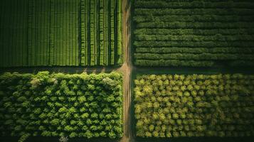 generativo ai, granja paisaje, agrícola campos, hermosa campo, país la carretera. naturaleza ilustración, fotorrealista parte superior ver zumbido, horizontal bandera. foto