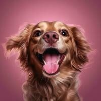 Generative AI, Portrait of a happy dog looking at the camera with mouth open on pink background photo