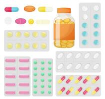 Set of different medicine pills in packaging and without vector