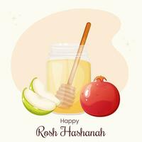 Rosh Hashanah greeting card with honey, pomegranate and apple. vector