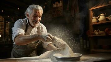 Generative AI, Old man hands of baker in restaurant or home kitchen, prepares ecologically natural pastries. photo