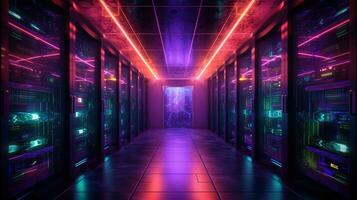 Generative AI, Data Center, modern high technology server room in purple neon colors. Modern telecommunications, cloud computing, artificial intelligence, database. photo