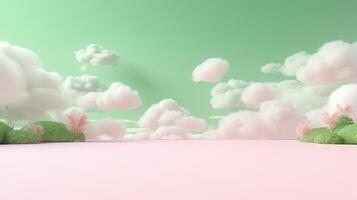 Generative AI, Pink and green fantastic 3d clouds on the floor, sky and landscape. Gentle colors and with bright lights. photo