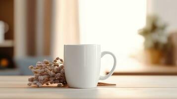 Generative AI, White ceramic cup set-up in at home interior, mug mock up blank. photo