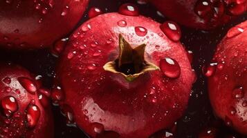 , Macro Fresh Juicy half and whole of pomegranate fruit background as pattern. Closeup photo with drops of water