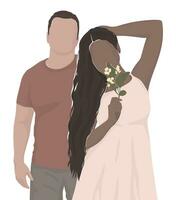 couple in love. man and woman of different ethnic groups. the girl is holding the flowers. vector modern flat illustrations. isolated in layers. for postcard, poster, banner