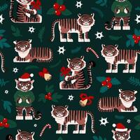 lindos tigres celebran la navidad. patrón sin costuras de símbolos navideños. ramas de abeto, copos de nieve, campanas, regalos, dulces. para envolver papel, tela, tarjetas y otros diseños. ilustración infantil. vector