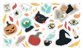 grande conjunto de linda Víspera de Todos los Santos pegatinas - negro gato, ojos, bruja sombrero, calabazas, arañas, fortuna narración pelota, tarjetas, cristales, otoño hojas. plano ilustración. para un tarjeta postal, póster o ninguna diseño. vector