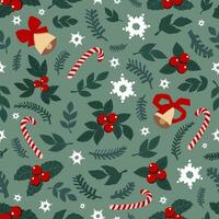 cute drawn christmas elements - fir branches, bells, lollipops, mistletoe, snowflakes, leaves. . vector seamless pattern for wrapping paper, background, fabric. set of objects isolated.