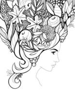 woman with hair made from leaves, berries and fruits. Autumn bouquet on the head. Vector graphics. place for logo and text. For book or magazine, booklet, brochure for hairdresser.