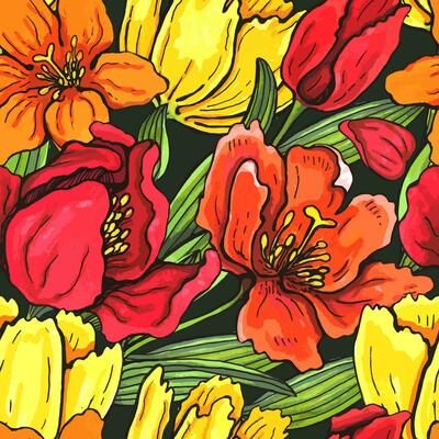 background of tulips seamless pattern. drawn, graphic. for fabric, clothing, wrapping paper