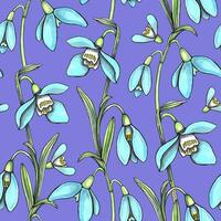 Spring seamless pattern of snowdrop flowers and leaves. Vector hand drawn illustration.