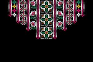 Neckline Floral Cross Stitch Embroidery on black background.geometric ethnic neckline pattern traditional.Aztec style abstract vector illustration.design for texture,fabric,clothing,fashion women