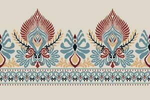 ikat floral escote cachemir bordado en gris fondo.boho escote modelo tradicional.azteca estilo resumen vector ilustración.diseño para textura,tela,ropa,moda mujer vistiendo, envolviendo
