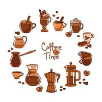 Various types of coffee making. Coffee pots and cups. Set of illustrations. Vector. vector
