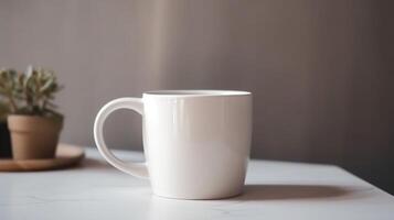 , White ceramic cup set-up in at home interior, mug mock up blank. photo