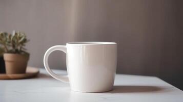 Generative AI, White ceramic cup set-up in at home interior, mug mock up blank. photo