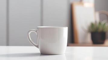 Generative AI, White ceramic cup set-up in at home interior, mug mock up blank. photo