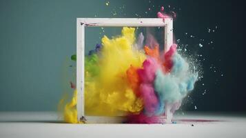 Generative AI, Frame with colorful holi powder paint explosion, creative splash, multicolor cloud photo