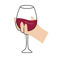 Hand holding glass of red wine. Vector illustration in hand drawn line style