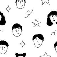 Childish seamless pattern with cute faces and doodles. Vector background in black and white style