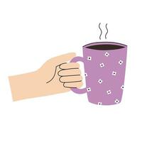 Lilac mug in hand vector illustration in a flat hand-drawn style with the concept of relax and self care