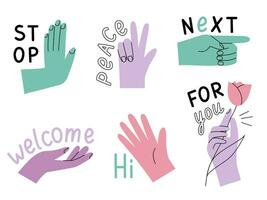 Positive colorful stickers hand gestures with lettering. Vector design set in a cute flat style
