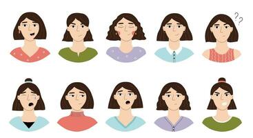 Set of woman's faces with different clothes and hairstyles. Modern vector illustration with neutral, negative and positive emotions