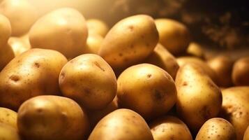 Generative AI, Close up Fresh Organic Whole Potato background. Farmers Market vegetable photo