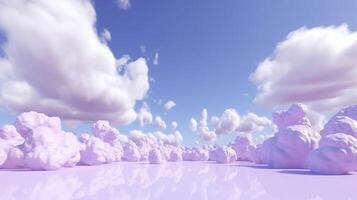 Generative AI, Purple, digital lavender color fantastic 3d clouds on the floor, sky and landscape. Gentle colors and with bright lights. photo