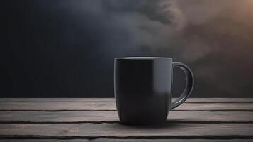 , Black ceramic cup set-up in at home interior, mug mock up blank. photo