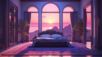 Generative AI, Fantasy purple relax room with dreamy bed, arch, windows and beautiful landscape with clouds. Bedroom in calm lavender and violet colors. photo