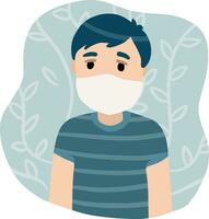 Man in medical mask. Protection from virus and coronavirus. Sick Young guy. Treatment and prevention of disease. Blue clinic concept. Cartoon flat illustration vector