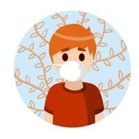 Man with medical mask on face. Protection from virus and disease. Young teenager in blue clothes. Coronovirus and pandemic. Logo in circle. Flat cartoon vector