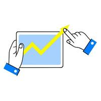 Tablet in hand. Touch screen and finger. Business chart and growth arrows. Statistics and rating. Outline cartoon illustration vector