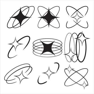 Y2K stars, starburst and retro futuristic graphic set. Collection of Trendy brutal rounded ring collection
