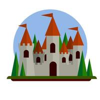 Fairytale castle. Fortress of the knight and king. medieval old town. Stone walls and towers. Fort for protection. Flat cartoon illustration vector