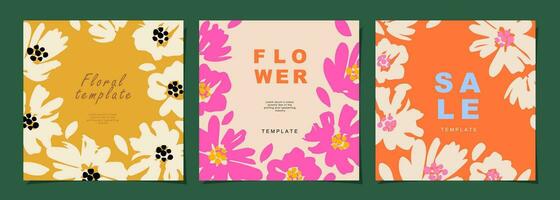 Floral template set for poster, card, cover, label, banner in modern minimalist style and simple summer design templates with flowers and plants. vector