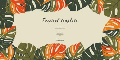 Tropical template for poster, card, cover, label, background, banner in modern minimalist style and simple summer design templates with flowers and plants. vector