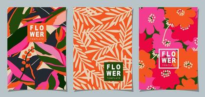 Floral template set for poster, card, cover, label, banner in modern minimalist style and simple summer design templates with flowers and plants. vector