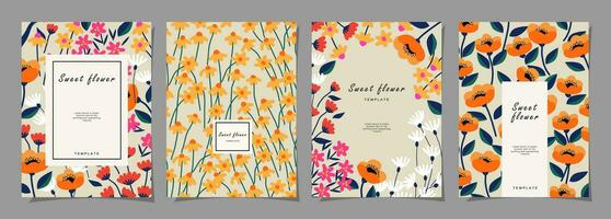 Floral template set for poster, card, cover, label, banner in modern minimalist style and simple summer design templates with flowers and plants. vector