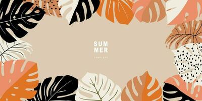 Summer template for background, poster, card, cover, label, banner in modern minimalist style and simple summer design templates with tropical leaves, flower, and plants. vector