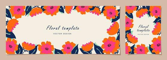 Floral template set for poster, card, cover, label, banner in modern minimalist style and simple summer design templates with flowers and plants. vector