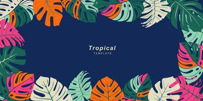 Summer template for background, poster, card, cover, label, banner in modern minimalist style and simple summer design templates with tropical leaves, flower, and plants. vector