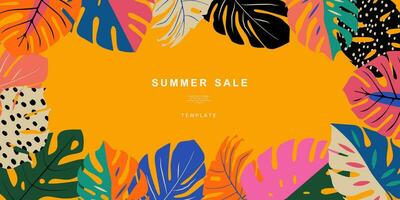 Summer template for background, poster, card, cover, label, banner in modern minimalist style and simple summer design templates with tropical leaves, flower, and plants. vector